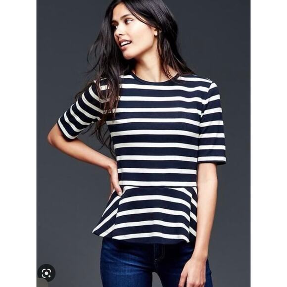 Gap Navy Blue x White Stripe Peplum Top Back Zip Nautical S - Picture 2 of 6